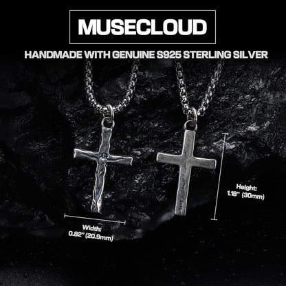 925 Sterling Silver Cross Crucifix Necklace Men - Sterling Silver Carved Jesus Cross Pendant with Stainless Steel Box Chain Catholic Necklaces Christian Jewelry for Mens Women 18-26 Inch