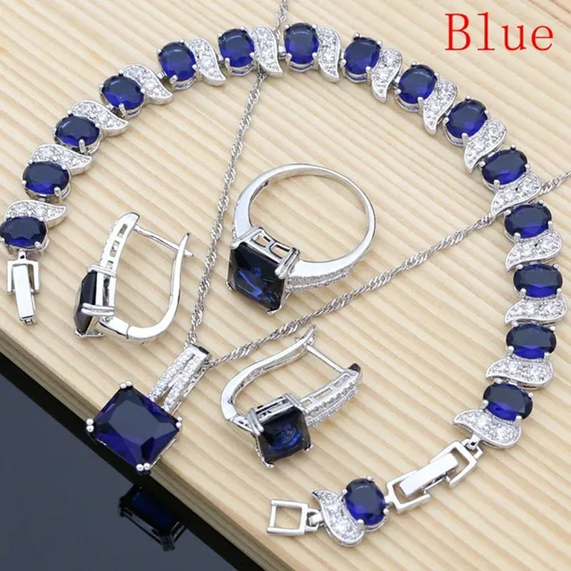 6 Colors Choice Gemstone Beads 925 Silver Jewelry Sets Sapphire Garnet Emerald Topaz Ruby Jewelry Set for Women