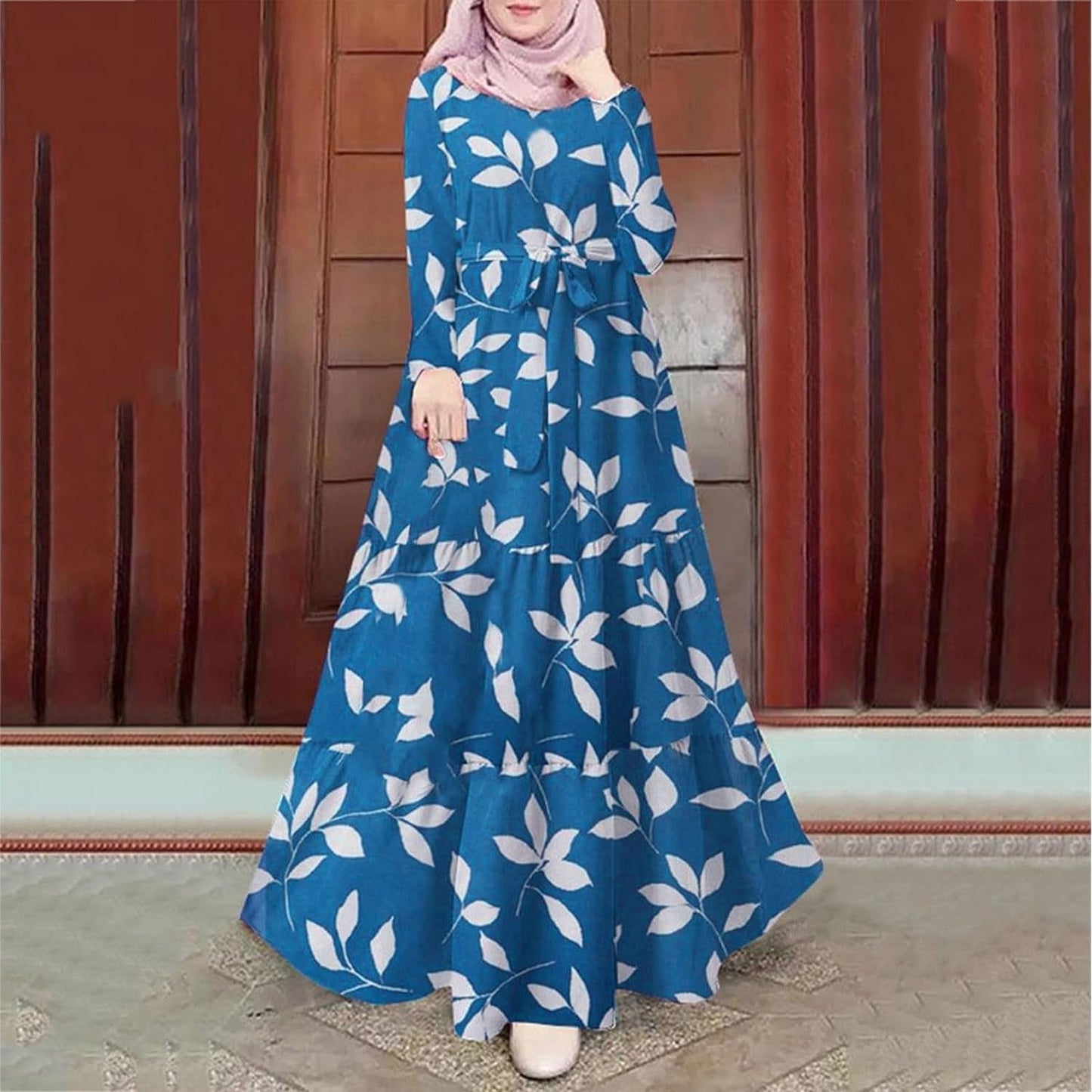Kaftan Dresses for Women Floral Print Long Robe Ramadan Abaya Maxi Dress Long Sleeve Muslim Dubai Outfits