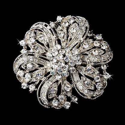 Crystal Rhinestone Flower Brooch - Silver Twisted Petals - DIY Wedding Bridal Bouquet & Bridesmaid Brooch Pins