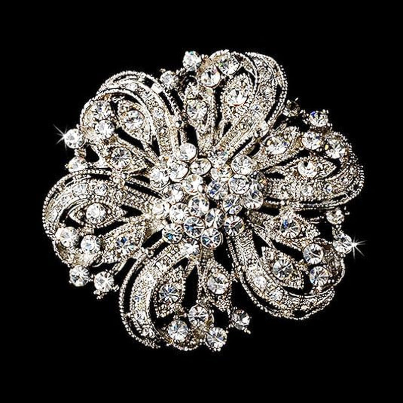 Crystal Rhinestone Flower Brooch - Silver Twisted Petals - DIY Wedding Bridal Bouquet & Bridesmaid Brooch Pins