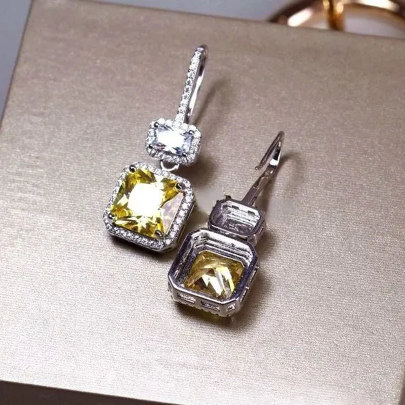 Fashion Women Square Citrine Vice Stone Diamond Earring Silver Plated White Sapphire Drop Earring Girl Wedding Anniversary Gift