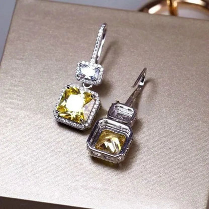 Fashion Women Square Citrine Vice Stone Diamond Earring Silver Plated White Sapphire Drop Earring Girl Wedding Anniversary Gift