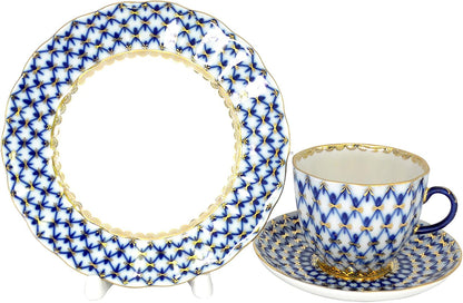 Lomonosov Porcelain Cobalt Net Coffee Cup and Saucer 3Pc. - WORLD TIME VISITS