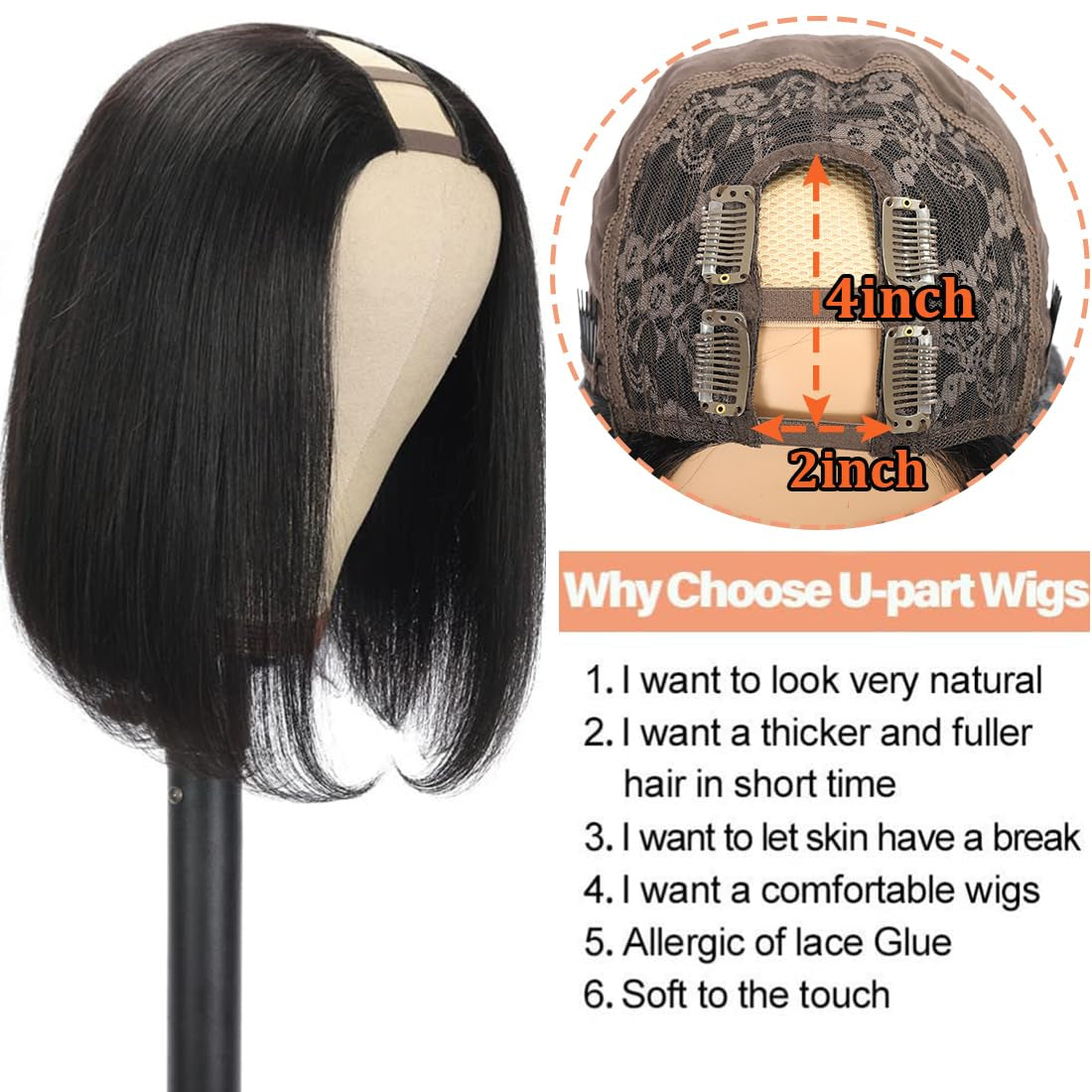 Hair 8Inch U Part Bob Wig Human Hair Short Straight U Part Human Hair Wig Glueless Full Head Clip in Half Wig U Shape Wig 150% Density Bob Straight Human Hair Wig