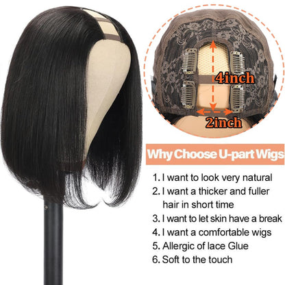 Hair 8Inch U Part Bob Wig Human Hair Short Straight U Part Human Hair Wig Glueless Full Head Clip in Half Wig U Shape Wig 150% Density Bob Straight Human Hair Wig