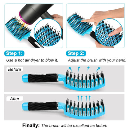 Boar Bristle Hair Brush 2 Pack,  Wet & Dry No Pull Curved Vented Hair Brush, Styling Voremy Magical Brush Detangler for Kids & Men, Hairbrush for Women Can Adds Shine & Smooth Curly Thick Hair