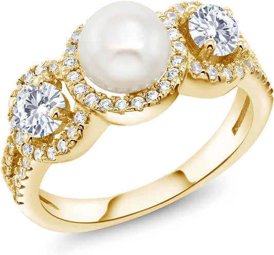 18K Yellow Gold Plated Silver Cultured Freshwater Pearl Ring Set with Moissanite (1.26 Cttw)