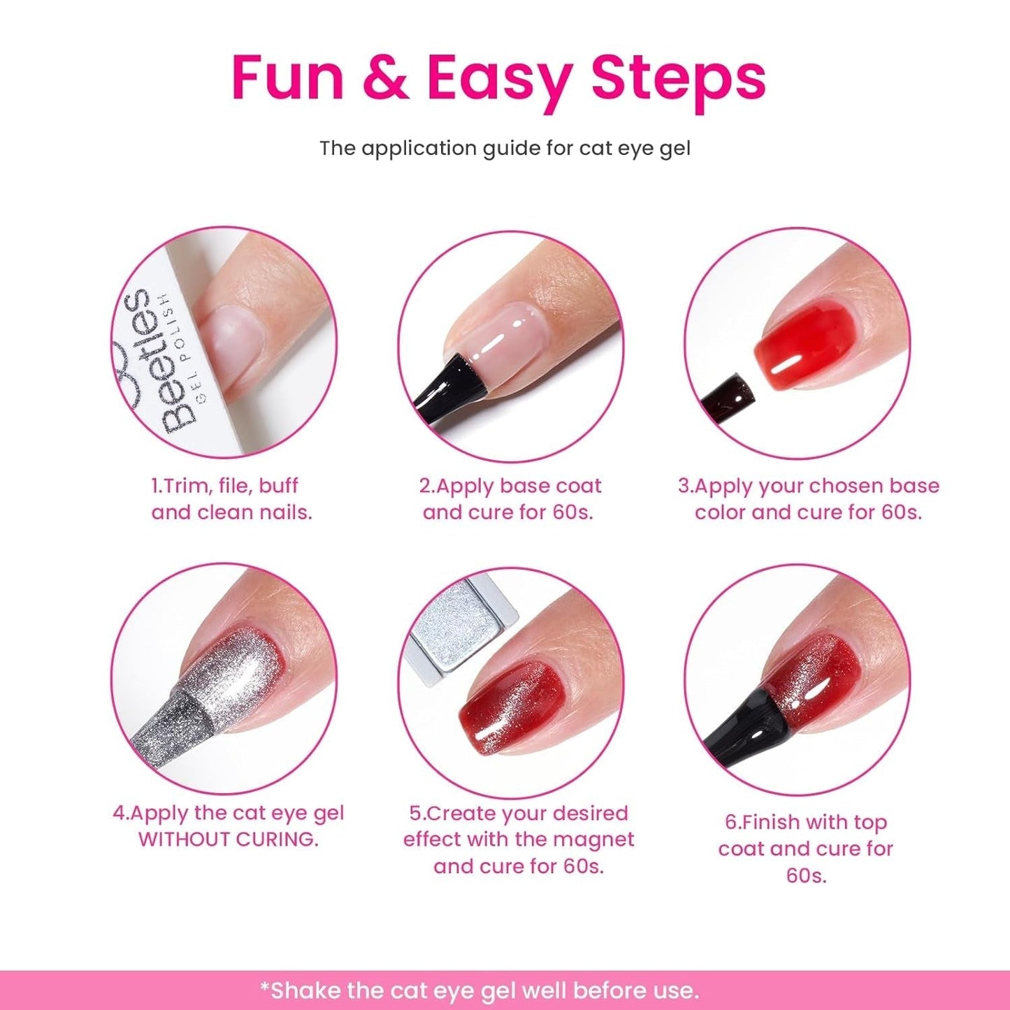 Beetles Gel Nail Polish Set, 6 Colors Silver Cat Eye Gel Polish Sheer Jelly Red Pink Yellow Green Black Neon Gel Translucent Glitter Effect with Magnet Soak off UV Manicure Gifts for Women