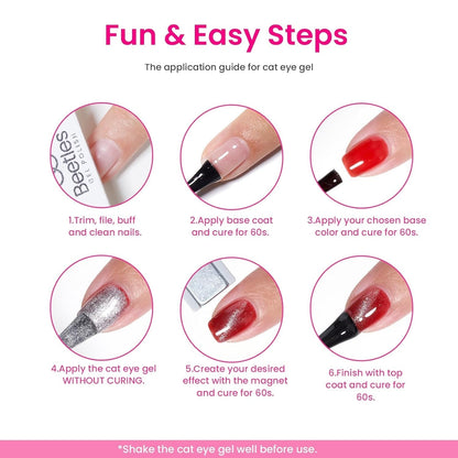 Beetles Gel Nail Polish Set, 6 Colors Silver Cat Eye Gel Polish Sheer Jelly Red Pink Yellow Green Black Neon Gel Translucent Glitter Effect with Magnet Soak off UV Manicure Gifts for Women