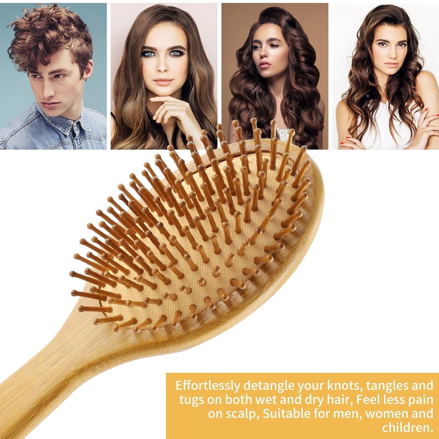 4 PCS Bamboo Hair Brush Set with Natural Wooden Wide-Tooth and Tail Comb Big and Mini Paddle Detangling Hairbrush for Women Men Kids and Baby Thick Thin Curly Straight Dry