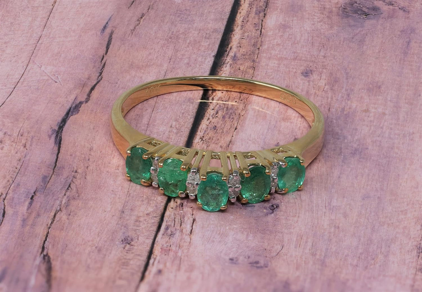 10K Yellow Gold Genuine Emerald 7/8 Ct with Diamonds Band Ring