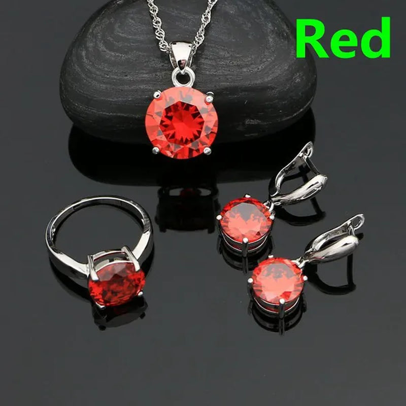 925 Sterling Silver Jewelry Sets Green Emerald Earrings Ring Pendant Neckalce round Jewelry Women Accessories - WORLD TIME VISITS
