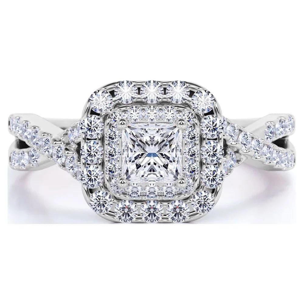 Elegant 1 Carat - Square Cut Diamond - Twisted Band - Pave - Double Halo Engagement Ring - 10K White Gold - WORLD TIME VISITS