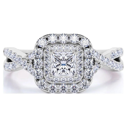 Elegant 1 Carat - Square Cut Diamond - Twisted Band - Pave - Double Halo Engagement Ring - 10K White Gold - WORLD TIME VISITS