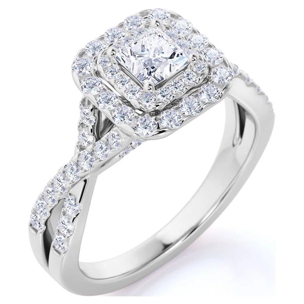 Elegant 1 Carat - Square Cut Diamond - Twisted Band - Pave - Double Halo Engagement Ring - 10K White Gold - WORLD TIME VISITS