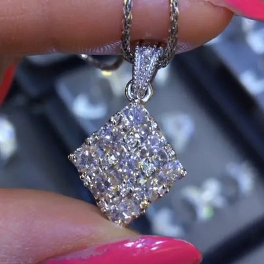 Elegant 925 Sterling Silver Plated 9 Stone Diamond Cluster Geometric Pendant Necklace for Women Party Engagement Lover Gift Jewelry - WORLD TIME VISITS