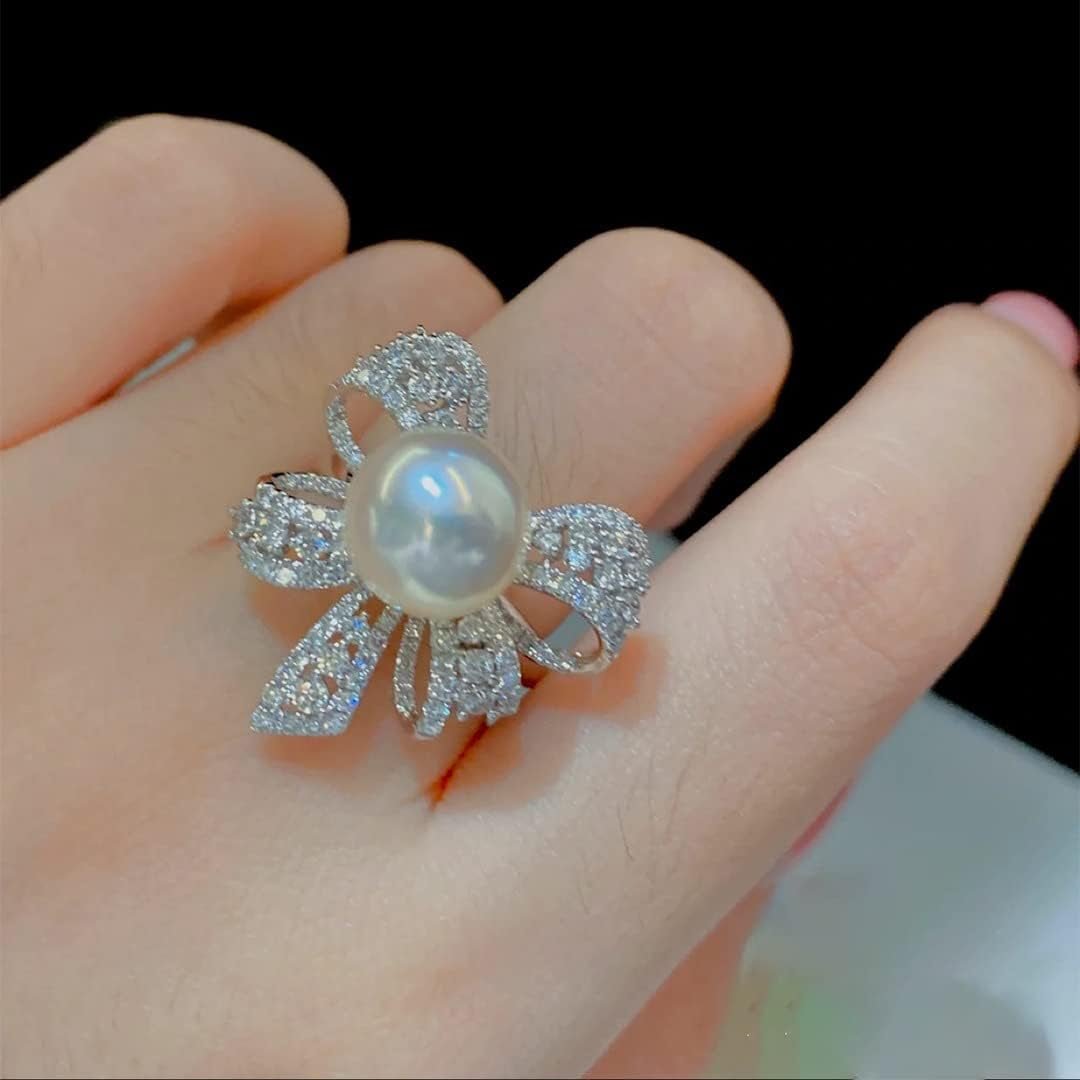 Elegant Bow Knot Pearl Rings for Women Rhinestone CZ Crystal Butterfly Tie Open Statement Ring Promise Engagement Rings Anniversary Wedding Band Jewelry - WORLD TIME VISITS