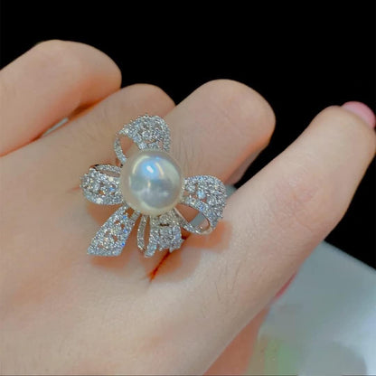 Elegant Bow Knot Pearl Rings for Women Rhinestone CZ Crystal Butterfly Tie Open Statement Ring Promise Engagement Rings Anniversary Wedding Band Jewelry - WORLD TIME VISITS