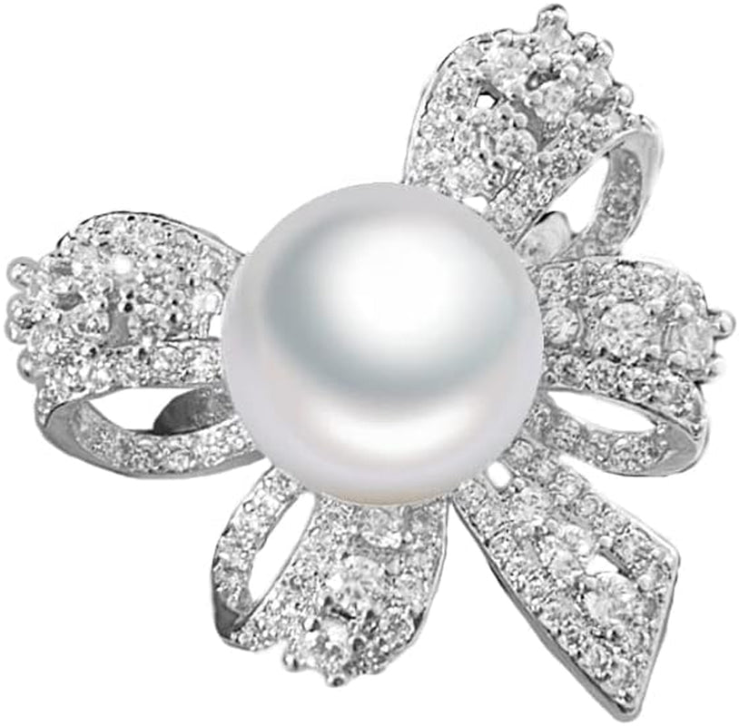 Elegant Bow Knot Pearl Rings for Women Rhinestone CZ Crystal Butterfly Tie Open Statement Ring Promise Engagement Rings Anniversary Wedding Band Jewelry - WORLD TIME VISITS