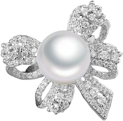 Elegant Bow Knot Pearl Rings for Women Rhinestone CZ Crystal Butterfly Tie Open Statement Ring Promise Engagement Rings Anniversary Wedding Band Jewelry - WORLD TIME VISITS
