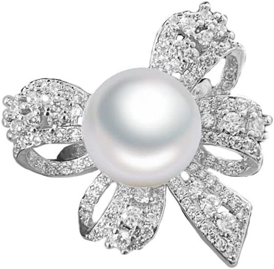 Elegant Bow Knot Pearl Rings for Women Rhinestone CZ Crystal Butterfly Tie Open Statement Ring Promise Engagement Rings Anniversary Wedding Band Jewelry - WORLD TIME VISITS