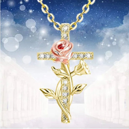 Elegant Fashion Creative Cross Rose Necklace Natural Crystal Cross Diamond Necklace Religious Cross Flower Pendant Women's Necklace Wedding Pendant Birthday Party Anniversary Gift