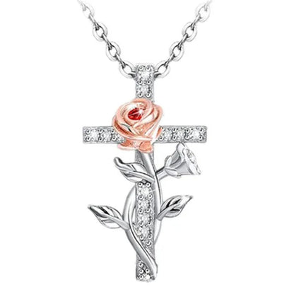 Elegant Fashion Creative Cross Rose Necklace Natural Crystal Cross Diamond Necklace Religious Cross Flower Pendant Women's Necklace Wedding Pendant Birthday Party Anniversary Gift - WORLD TIME VISITS