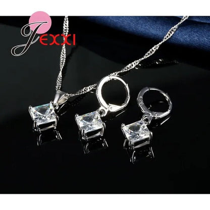 Elegant Wedding Bridal Jewelry Necklace Earring Ring Set For Women Fashion Silver Chain Crystal Pendant Birthday Gifts