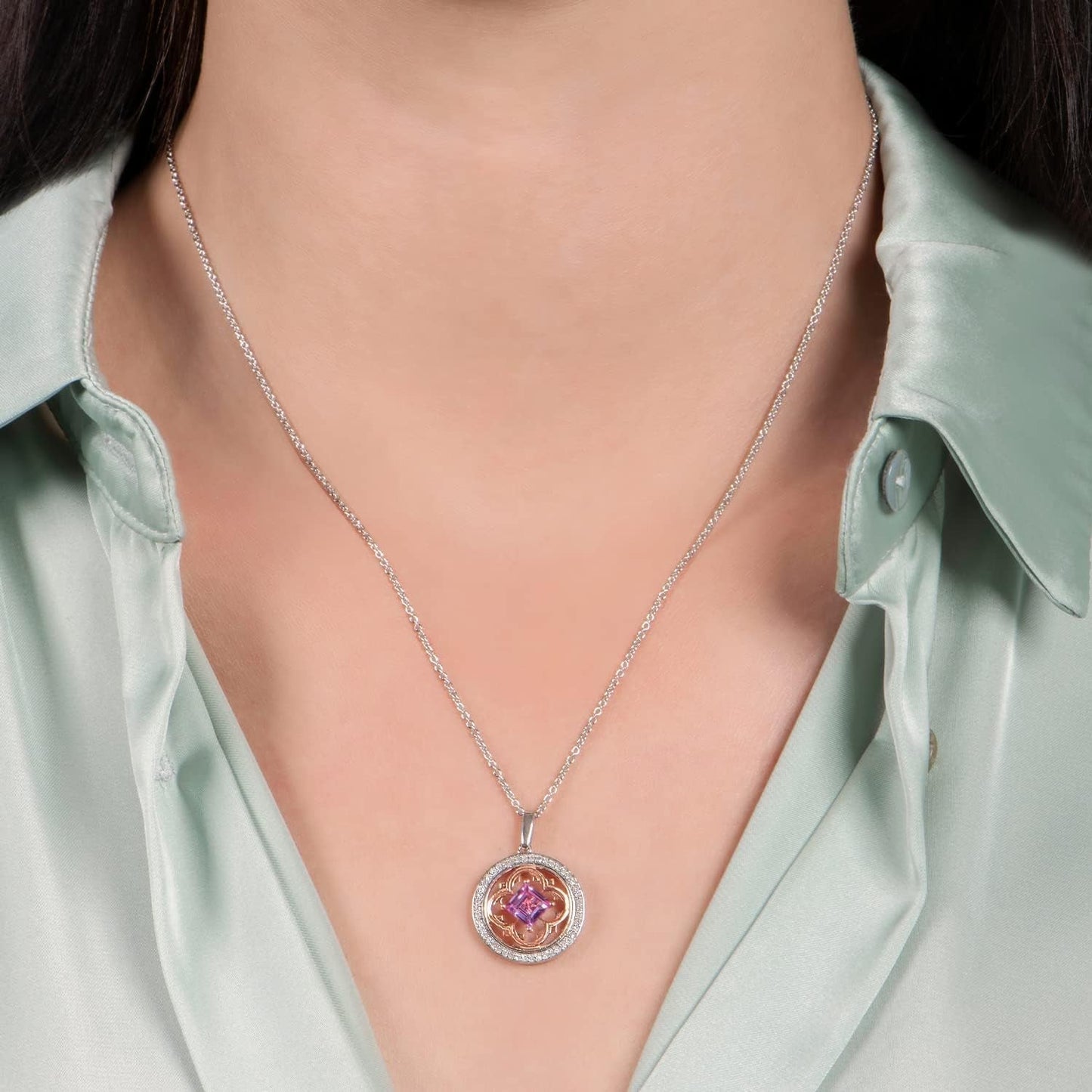 Enchanted Disney Fine Jewelry 14K Rose Gold over Sterling Silver 5.5 MM Square Created Pink Sapphire and 1/5 Cttw Natural White round Diamond Aurora Pendant Necklace