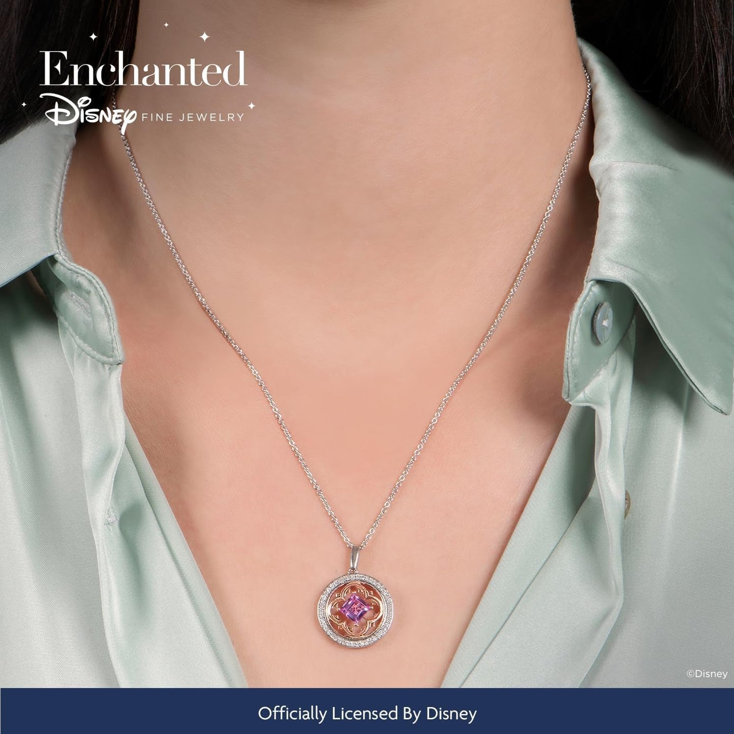 Enchanted Disney Fine Jewelry 14K Rose Gold over Sterling Silver 5.5 MM Square Created Pink Sapphire and 1/5 CTTW Natural White round Diamond Aurora Pendant Necklace - WORLD TIME VISITS