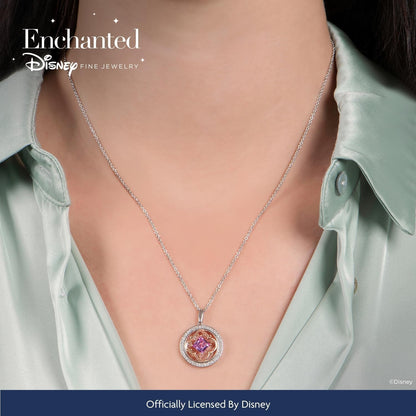 Enchanted Disney Fine Jewelry 14K Rose Gold over Sterling Silver 5.5 MM Square Created Pink Sapphire and 1/5 CTTW Natural White round Diamond Aurora Pendant Necklace - WORLD TIME VISITS