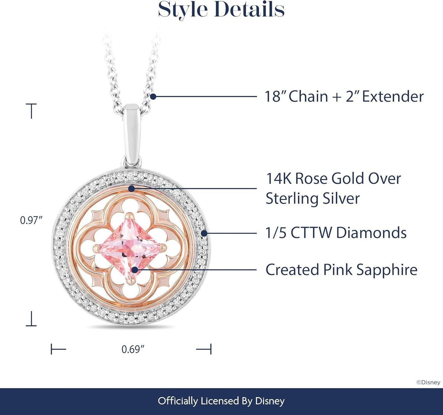 Enchanted Disney Fine Jewelry 14K Rose Gold over Sterling Silver 5.5 MM Square Created Pink Sapphire and 1/5 CTTW Natural White round Diamond Aurora Pendant Necklace