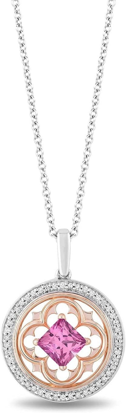 Enchanted Disney Fine Jewelry 14K Rose Gold over Sterling Silver 5.5 MM Square Created Pink Sapphire and 1/5 CTTW Natural White round Diamond Aurora Pendant Necklace - WORLD TIME VISITS