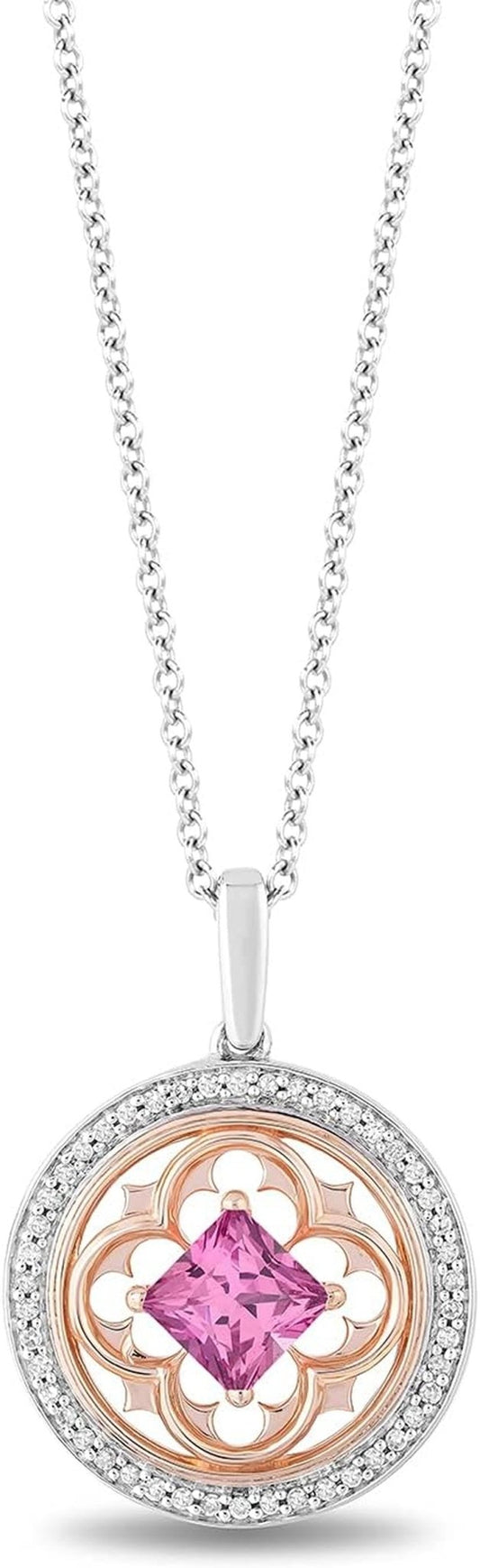 Enchanted Disney Fine Jewelry 14K Rose Gold over Sterling Silver 5.5 MM Square Created Pink Sapphire and 1/5 CTTW Natural White round Diamond Aurora Pendant Necklace - WORLD TIME VISITS