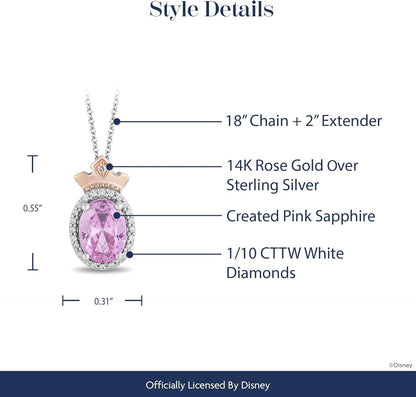 Enchanted Disney Fine Jewelry 14K Rose Gold over Sterling Silver 8X6 MM Oval Shape Created Pink Sapphire, 1/10 CTTW Natural White round Diamond Aurora Pendant Necklace, 18" Cable Chain