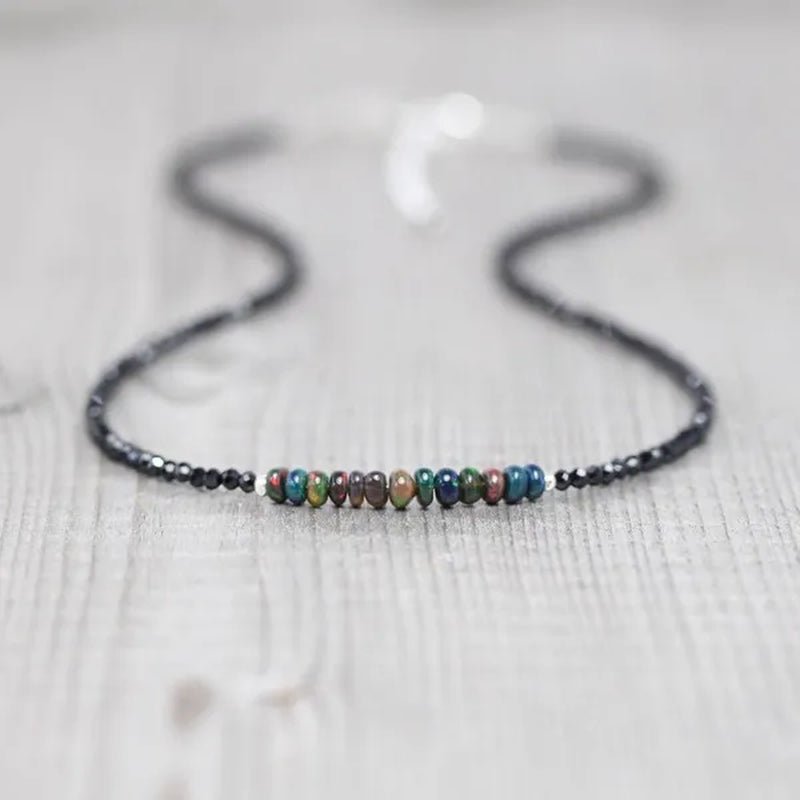 Ethiopian Welo Opal & Black Spinel Necklace. Sterling Silver, Rose, Gold Filled. Dainty Gemstone Choker. - WORLD TIME VISITS