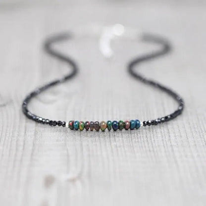 Ethiopian Welo Opal & Black Spinel Necklace. Sterling Silver, Rose, Gold Filled. Dainty Gemstone Choker. - WORLD TIME VISITS