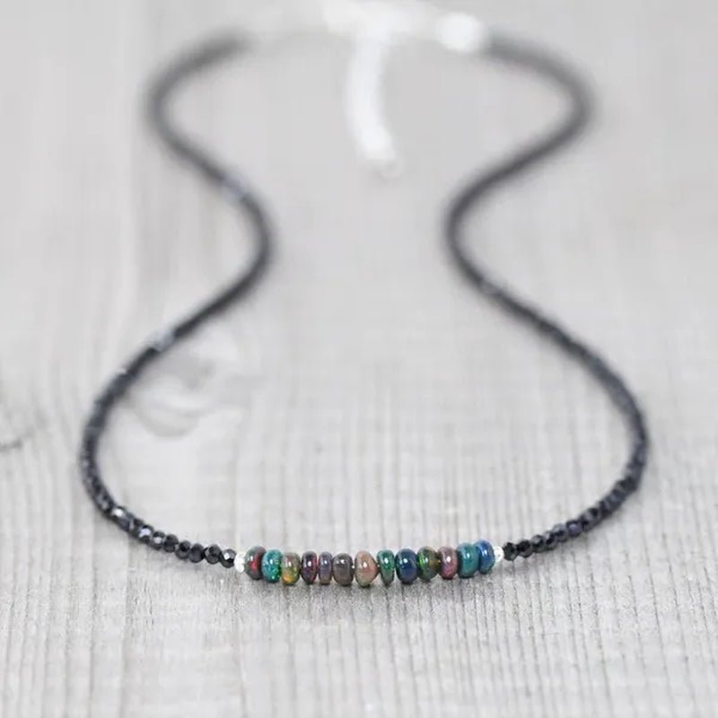 Ethiopian Welo Opal & Black Spinel Necklace. Sterling Silver, Rose, Gold Filled. Dainty Gemstone Choker.