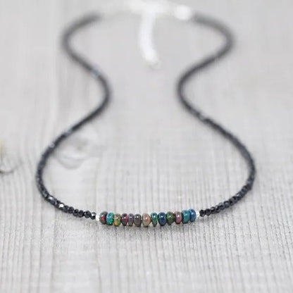 Ethiopian Welo Opal & Black Spinel Necklace. Sterling Silver, Rose, Gold Filled. Dainty Gemstone Choker.