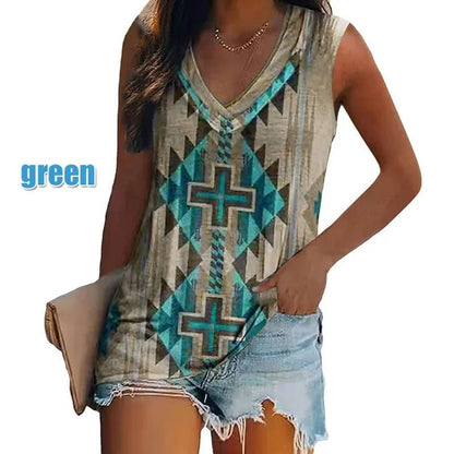 Ethnic Style Multi - Pattern Print Sleeveless T-Shirt Women'S Vest V - Neck Casual Loose Shirts Blouse Tank Top Camisoles - WORLD TIME VISITS
