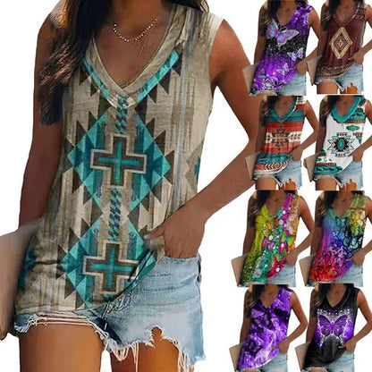 Ethnic Style Multi - Pattern Print Sleeveless T-Shirt Women'S Vest V - Neck Casual Loose Shirts Blouse Tank Top Camisoles - WORLD TIME VISITS