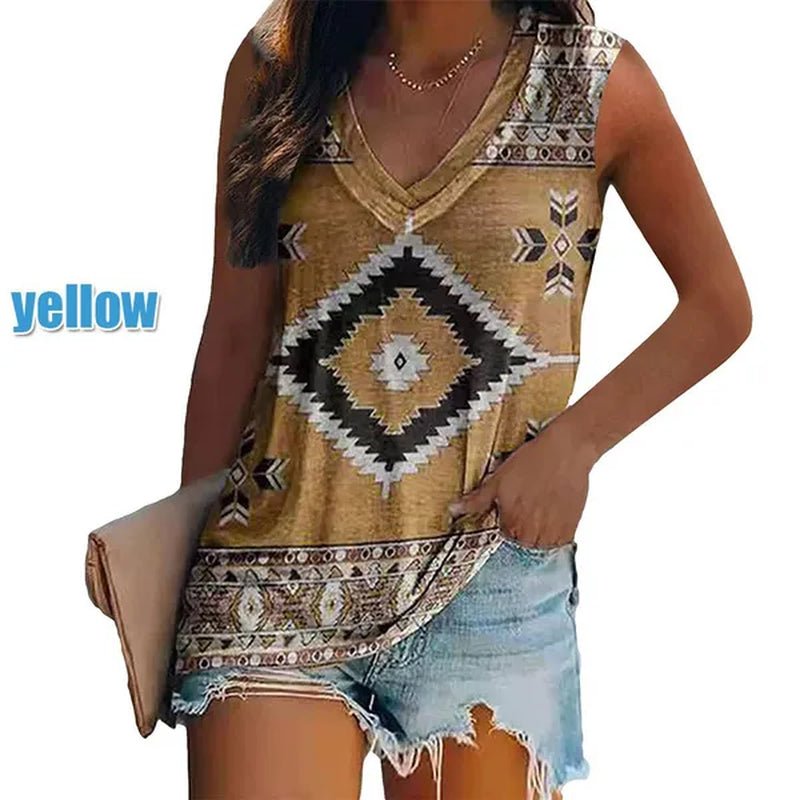 Ethnic Style Multi - Pattern Print Sleeveless T-Shirt Women'S Vest V - Neck Casual Loose Shirts Blouse Tank Top Camisoles - WORLD TIME VISITS