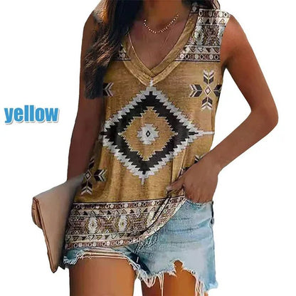 Ethnic Style Multi - Pattern Print Sleeveless T-Shirt Women'S Vest V - Neck Casual Loose Shirts Blouse Tank Top Camisoles - WORLD TIME VISITS