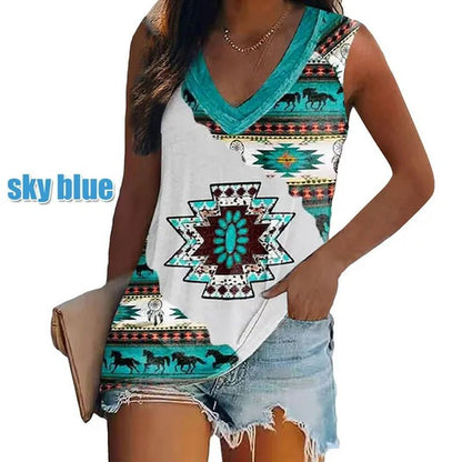 Ethnic Style Multi - Pattern Print Sleeveless T-Shirt Women'S Vest V - Neck Casual Loose Shirts Blouse Tank Top Camisoles - WORLD TIME VISITS
