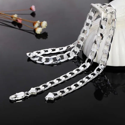 European and American Fashion 925 Sterling Silver Italian Curb Link Chain Necklace Bracelet 925 Silver High Quality Jewelry Sets for Women and Men