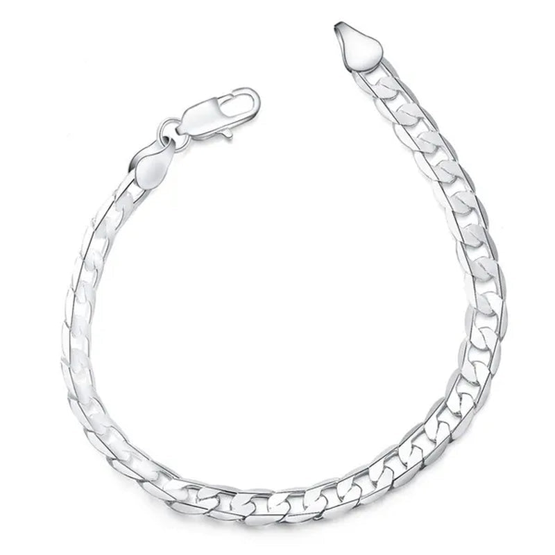 European and American Fashion 925 Sterling Silver Italian Curb Link Chain Necklace Bracelet 925 Silver High Quality Jewelry Sets for Women and Men - WORLD TIME VISITS