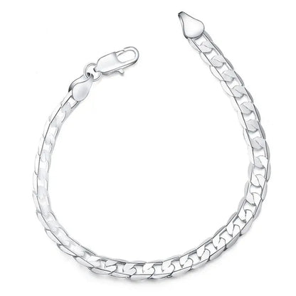 European and American Fashion 925 Sterling Silver Italian Curb Link Chain Necklace Bracelet 925 Silver High Quality Jewelry Sets for Women and Men - WORLD TIME VISITS