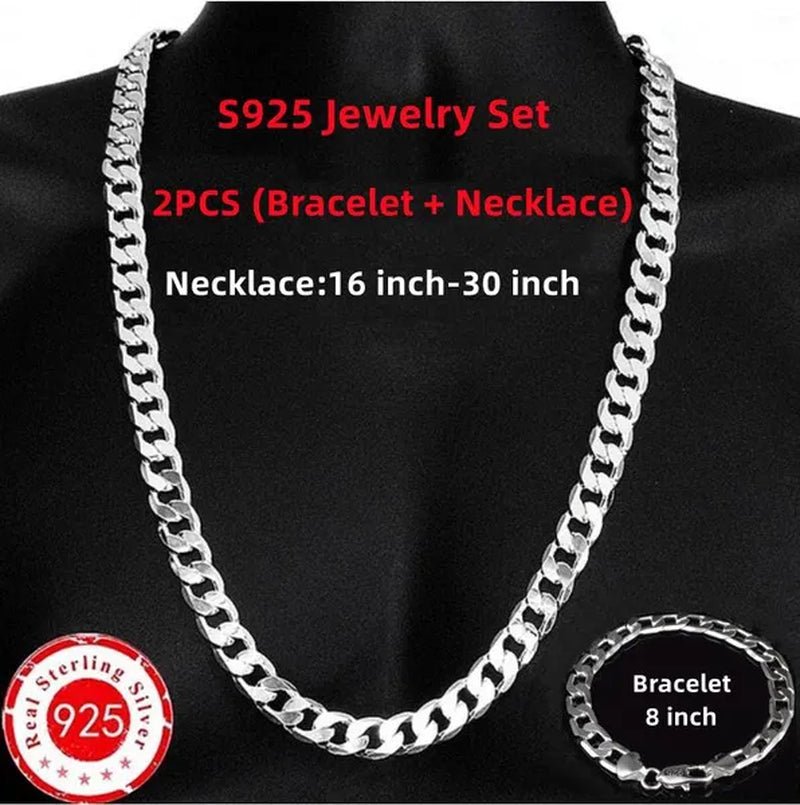 European and American Fashion 925 Sterling Silver Italian Curb Link Chain Necklace Bracelet 925 Silver High Quality Jewelry Sets for Women and Men - WORLD TIME VISITS