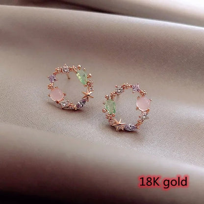 European Style 18K Small Circle Earrings 925 Silver Needle Wreath Simple Colored Diamond Earrings Small Earrings - WORLD TIME VISITS